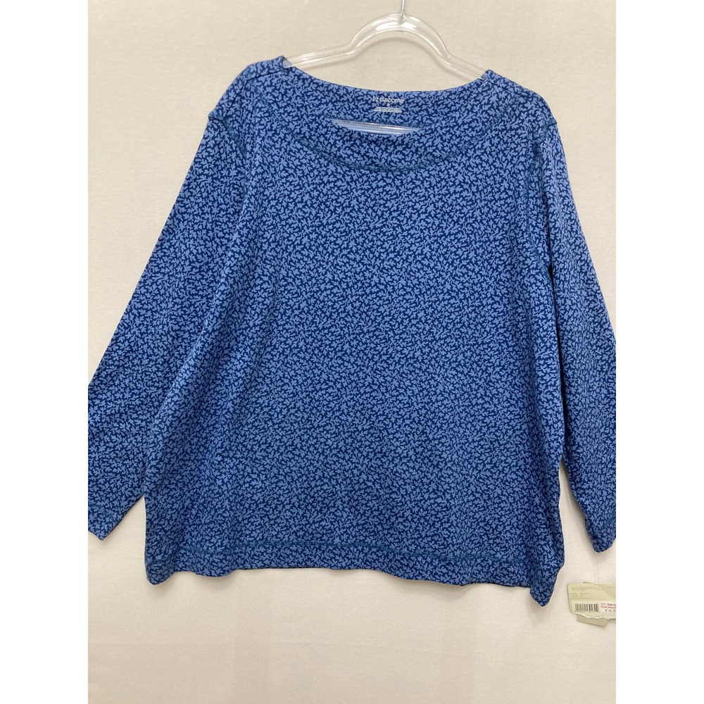 New Liz Claiborne Long Sleeve Top 3X Blue Floral Boat Neck Cotton Blend Stretch
